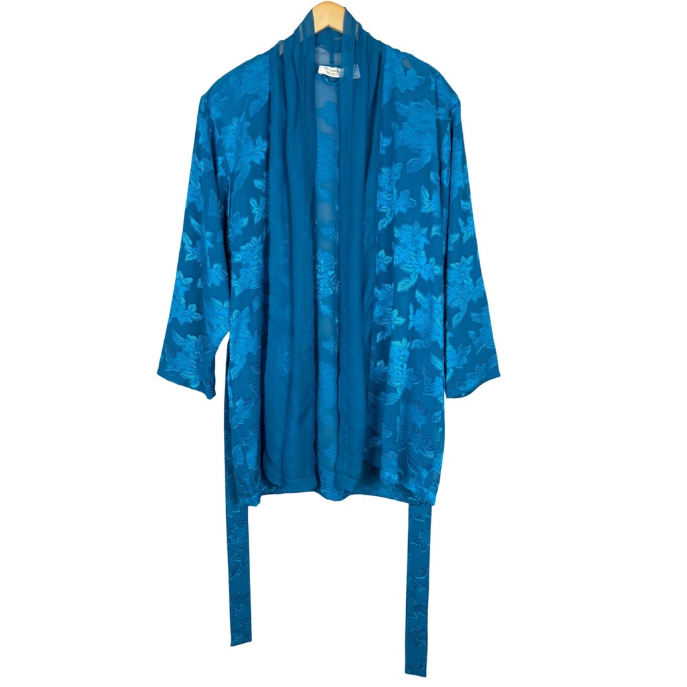 Vintage Victorias Secret Gold Label Floral Jacquard‎ Robe Teal Blue Pockets L